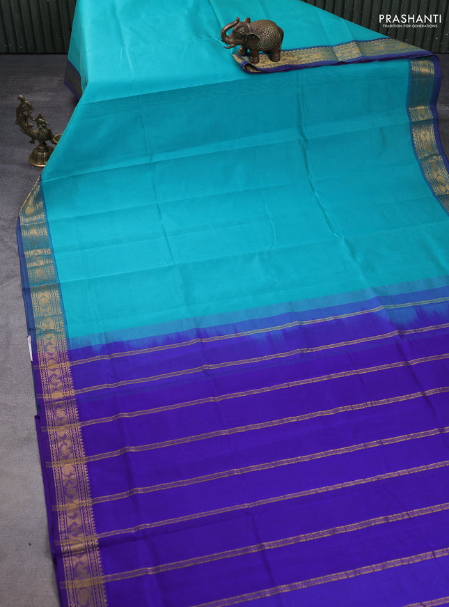 Silk cotton saree teal blue and blue with plain body and zari woven border