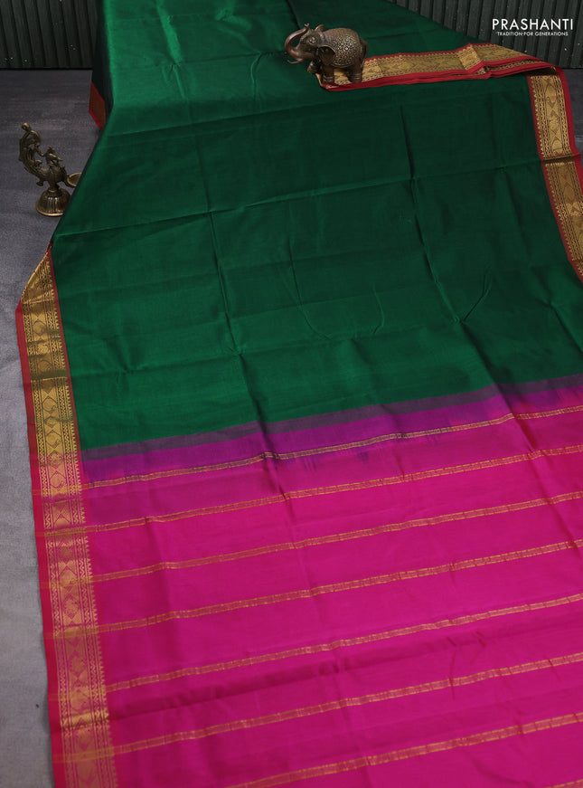 Silk cotton saree green and pink with plain body and zari woven border