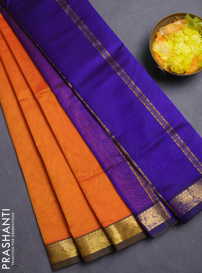 Silk cotton saree sunset orange and violet with plain body and annam zari woven border