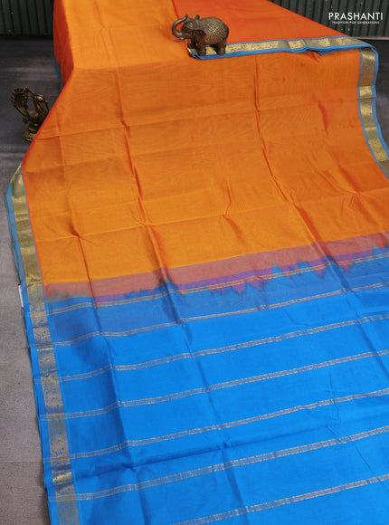 Silk cotton saree sunset orange and cs blue with plain body and annam zari woven border