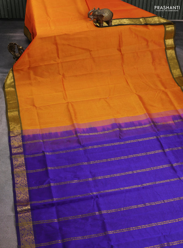 Silk cotton saree sunset orange and blue with plain body and peacock zari woven border