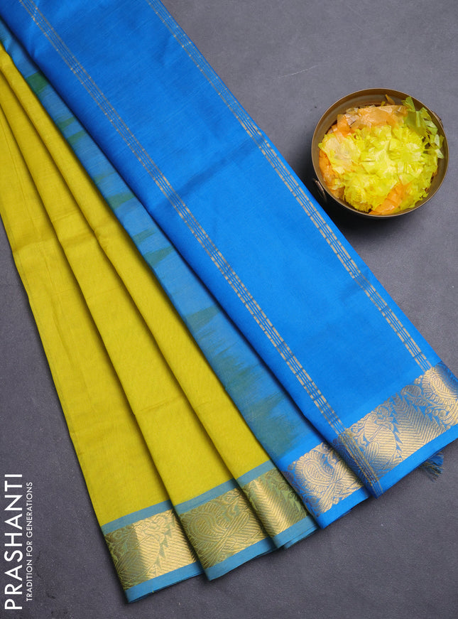 Silk cotton saree lime yellow and cs blue with plain body and annam & temple zari woven border