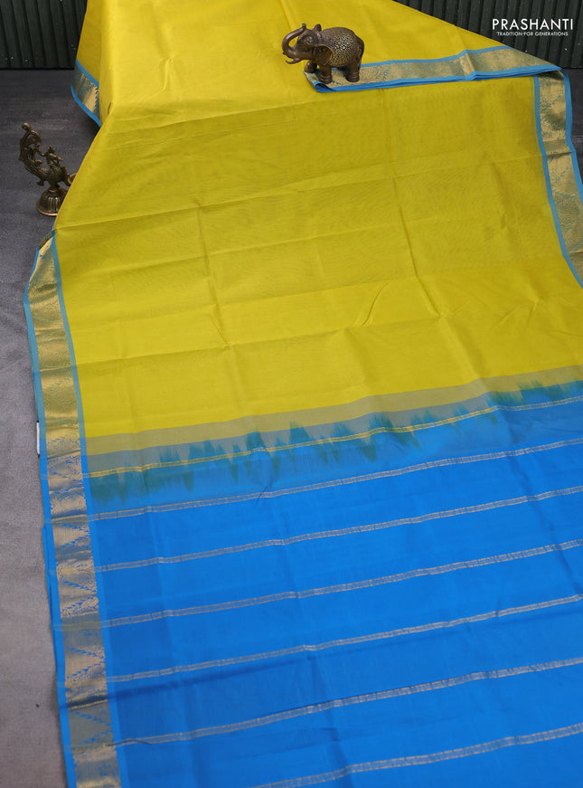 Silk cotton saree lime yellow and cs blue with plain body and annam & temple zari woven border