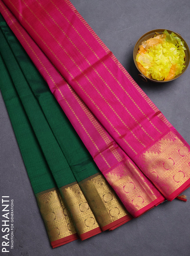 Silk cotton saree green and pink with plain body and zari woven border