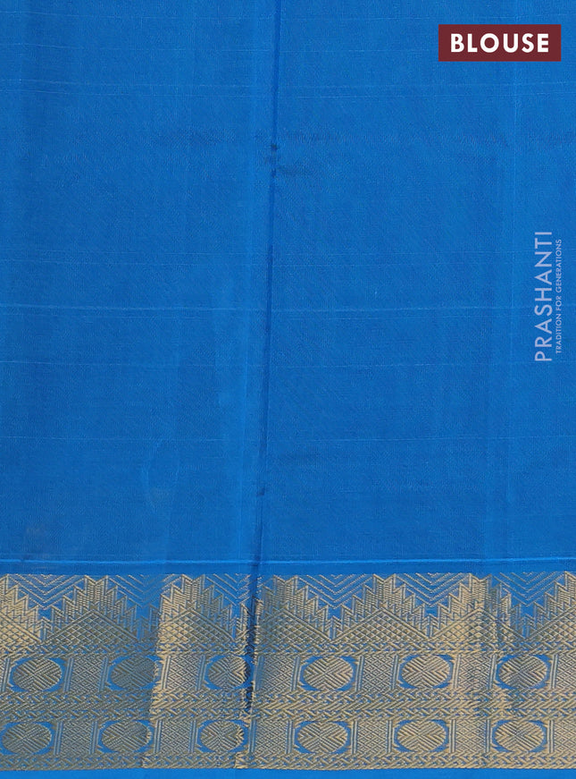 Silk cotton saree green and cs blue with plain body and zari woven border