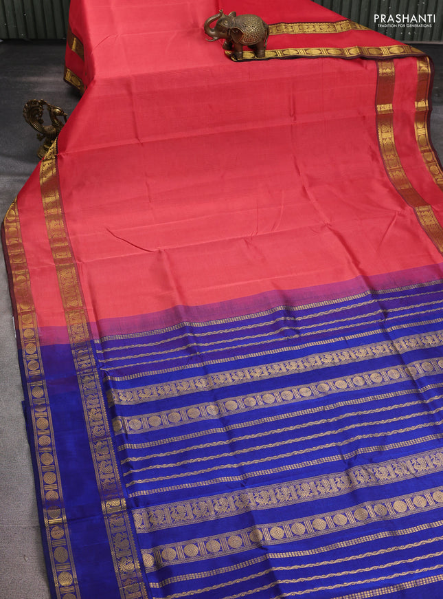 Silk cotton saree dark peach pink and blue with plain body and rettapet zari woven border