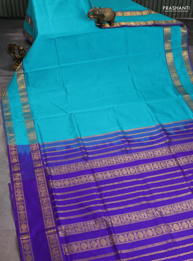 Silk cotton saree teal blue and blue with plain body and rettapet zari woven border