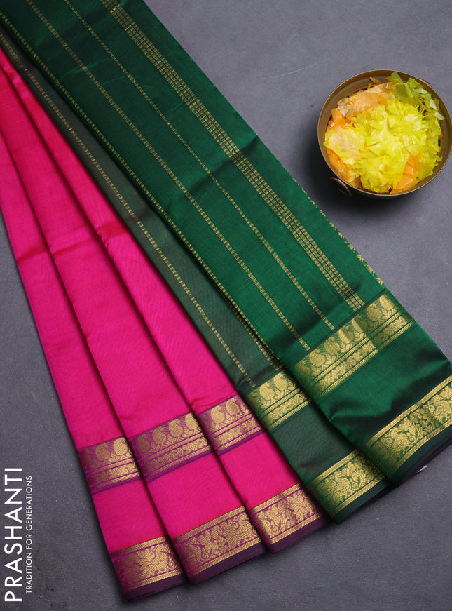Silk cotton saree pink and green with plain body and rettapet zari woven border