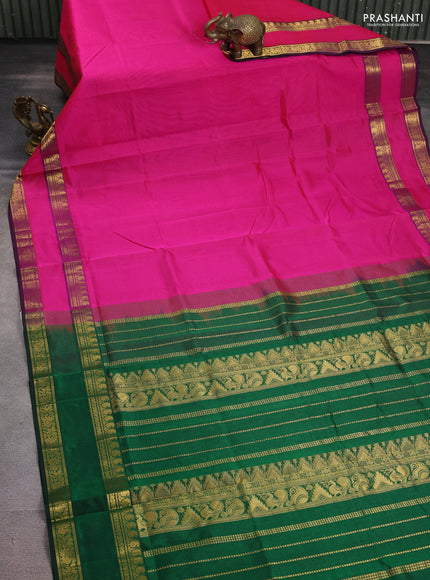 Silk cotton saree pink and green with plain body and rettapet zari woven border