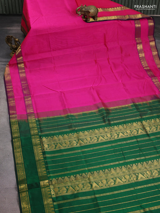 Silk cotton saree pink and green with plain body and rettapet zari woven border