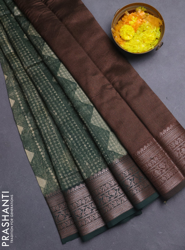 Chanderi silk cotton saree sap green with allover geometric prints and banarasi style border