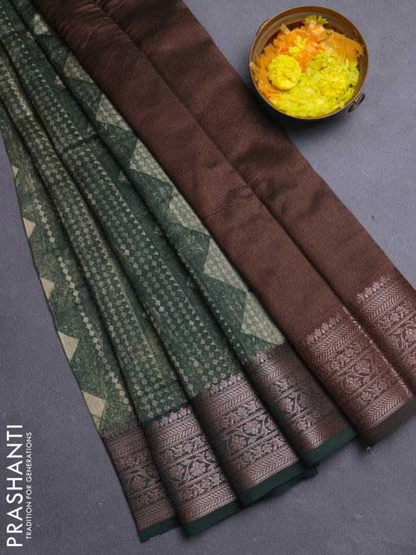 Chanderi silk cotton saree sap green with allover geometric prints and banarasi style border