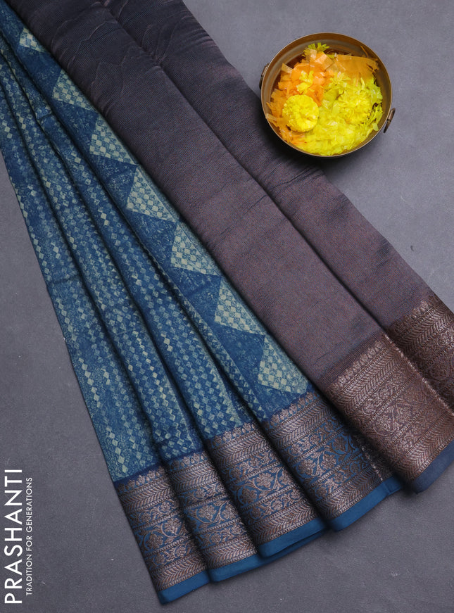 Chanderi silk cotton saree peacock blue with allover geometric prints and banarasi style border