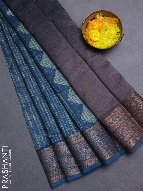 Chanderi silk cotton saree peacock blue with allover geometric prints and banarasi style border