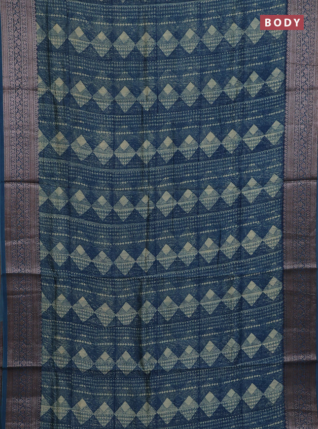 Chanderi silk cotton saree peacock blue with allover geometric prints and banarasi style border