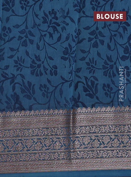 Chanderi silk cotton saree peacock blue with allover geometric prints and banarasi style border