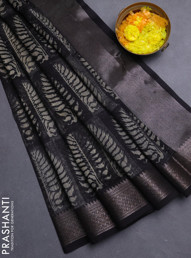 Chanderi silk cotton saree black with allover prints and banarasi style border