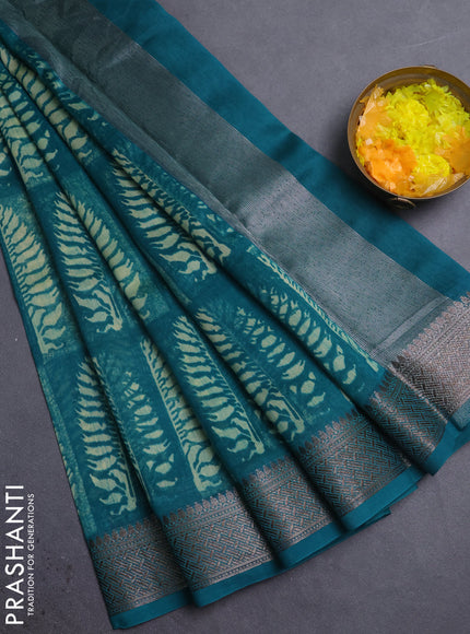 Chanderi silk cotton saree teal green with allover prints and banarasi style border
