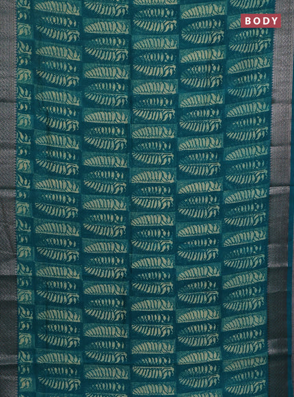 Chanderi silk cotton saree teal green with allover prints and banarasi style border