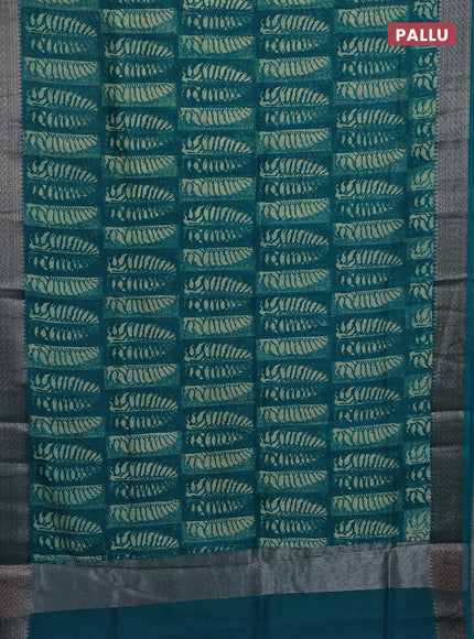 Chanderi silk cotton saree teal green with allover prints and banarasi style border