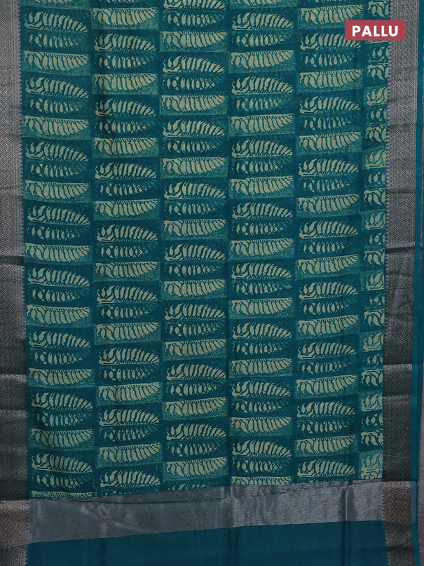 Chanderi silk cotton saree teal green with allover prints and banarasi style border