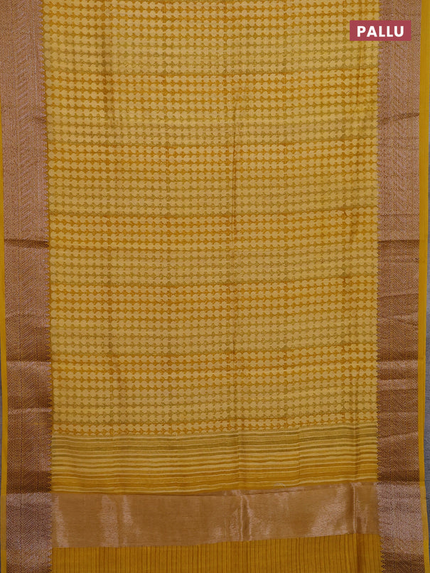 Chanderi silk cotton saree mustard yellow with allover prints and banarasi style border
