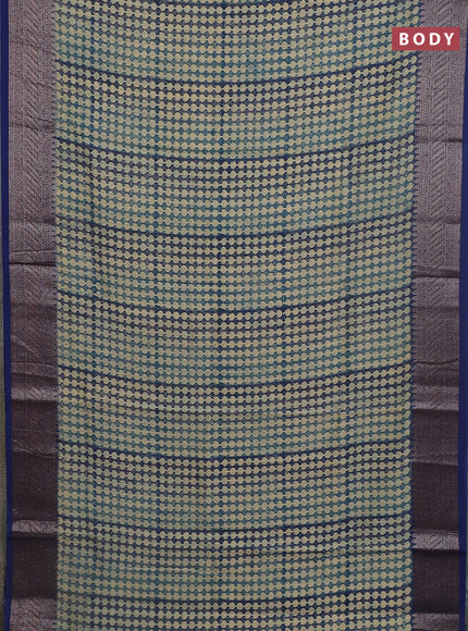Chanderi silk cotton saree beige and navy blue with allover prints  and banarasi style border