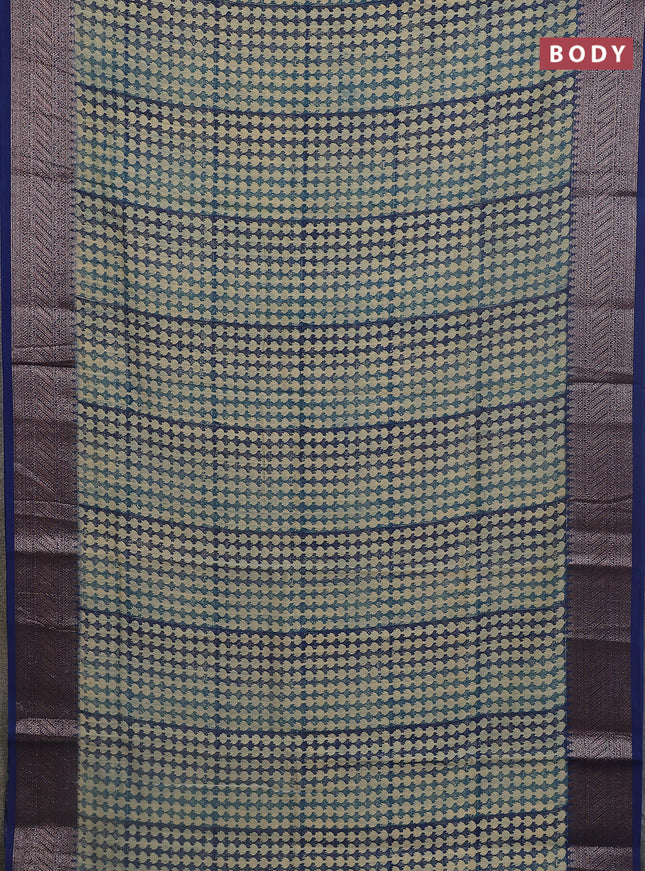 Chanderi silk cotton saree beige and navy blue with allover prints  and banarasi style border