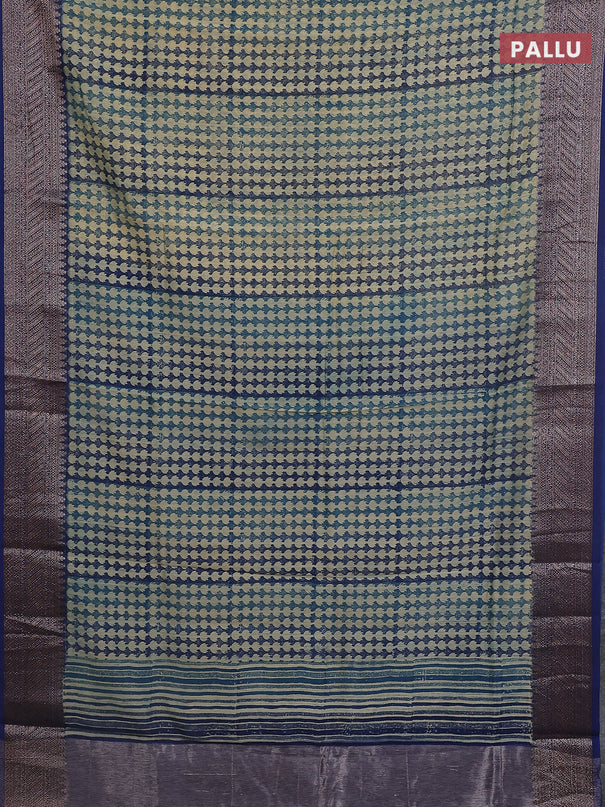 Chanderi silk cotton saree beige and navy blue with allover prints  and banarasi style border