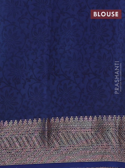 Chanderi silk cotton saree beige and navy blue with allover prints  and banarasi style border