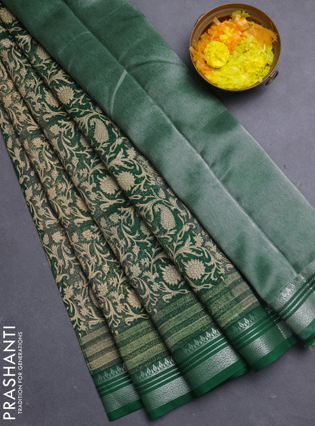 Chanderi silk cotton saree beige and bottle green with allover prints and silver zari woven border