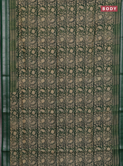 Chanderi silk cotton saree beige and bottle green with allover prints and silver zari woven border