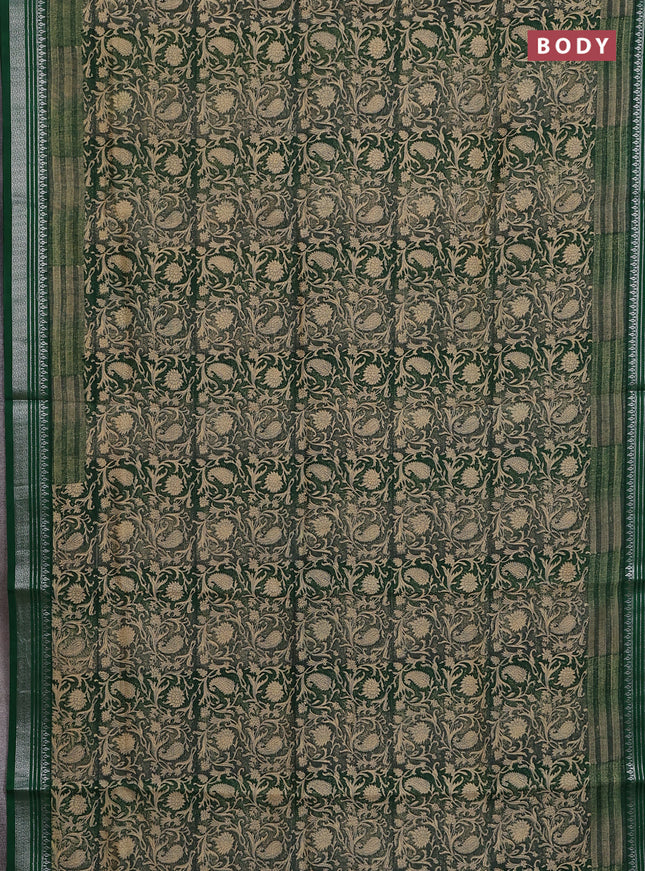 Chanderi silk cotton saree beige and bottle green with allover prints and silver zari woven border