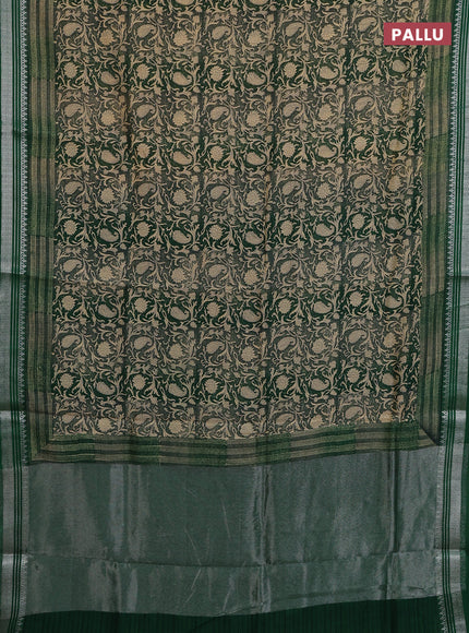 Chanderi silk cotton saree beige and bottle green with allover prints and silver zari woven border