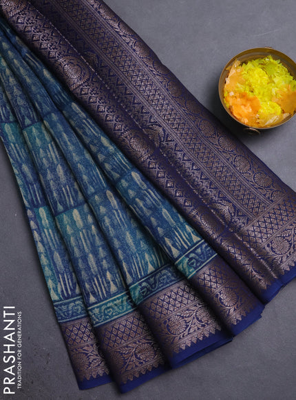 Chanderi silk cotton saree teal green and teal blue with allover prints and banarasi style border