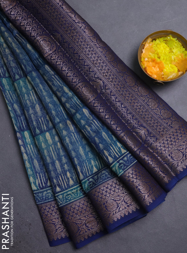 Chanderi silk cotton saree teal green and teal blue with allover prints and banarasi style border