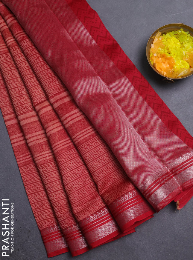Chanderi silk cotton saree red with allover prints and silver zari woven border