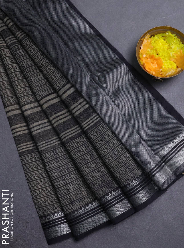 Chanderi silk cotton saree beige and black with allover prints and silver zari woven border