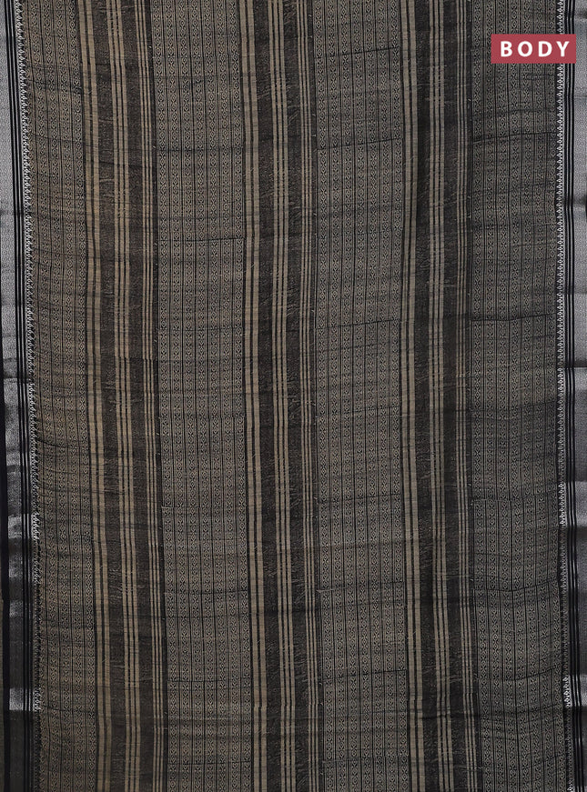 Chanderi silk cotton saree beige and black with allover prints and silver zari woven border