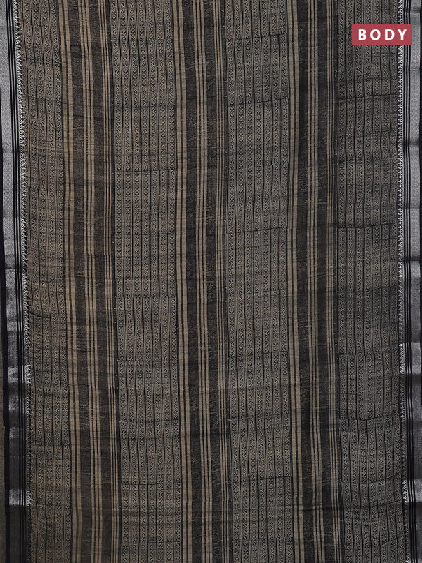 Chanderi silk cotton saree beige and black with allover prints and silver zari woven border