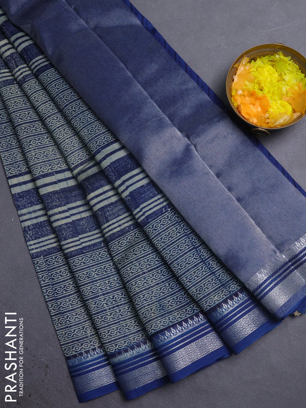 Chanderi silk cotton saree beige and blue with allover prints and silver zari woven border
