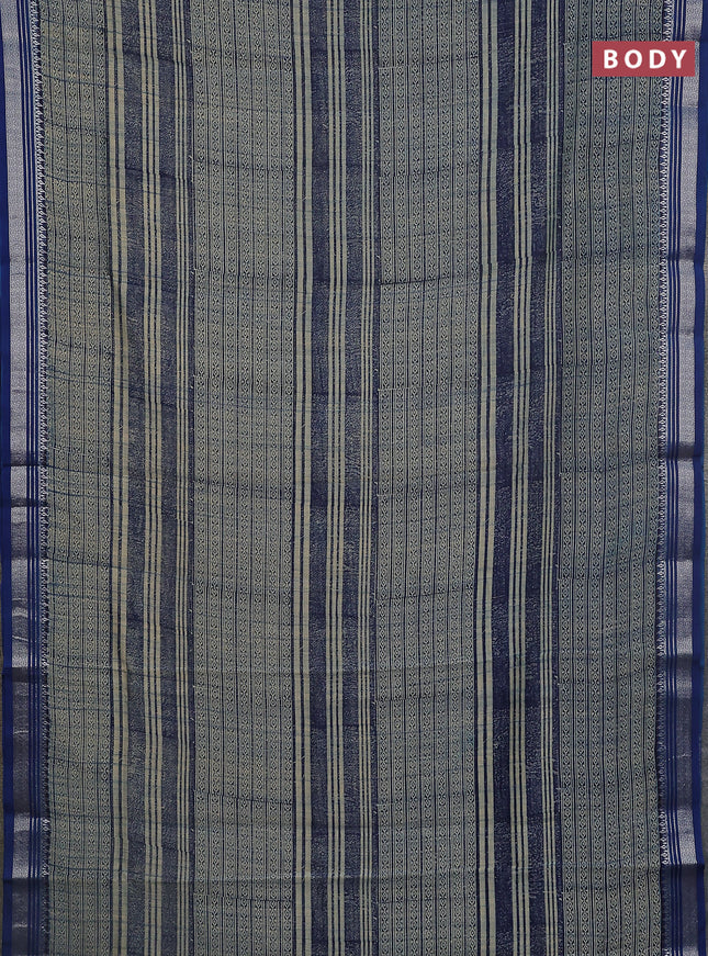 Chanderi silk cotton saree beige and blue with allover prints and silver zari woven border
