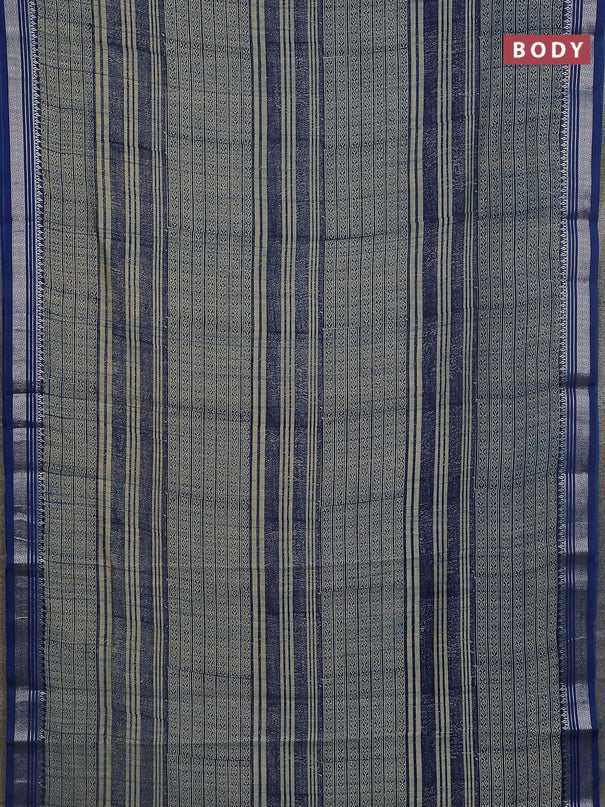 Chanderi silk cotton saree beige and blue with allover prints and silver zari woven border