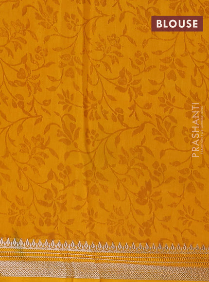 Chanderi silk cotton saree mustard yellow with allover prints and silver zari woven border