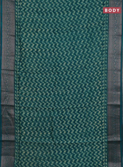 Chanderi silk cotton saree teal green with allover geometric prints and banarasi style border