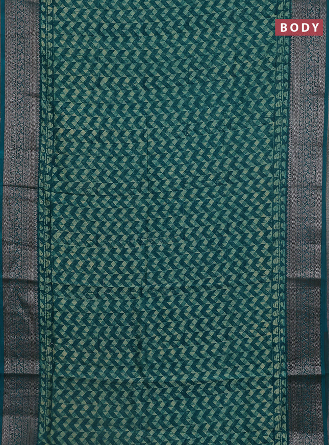Chanderi silk cotton saree teal green with allover geometric prints and banarasi style border