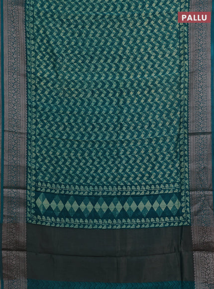 Chanderi silk cotton saree teal green with allover geometric prints and banarasi style border