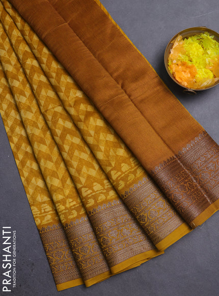 Chanderi silk cotton saree mustard yellow with allover geometric prints and banarasi style border