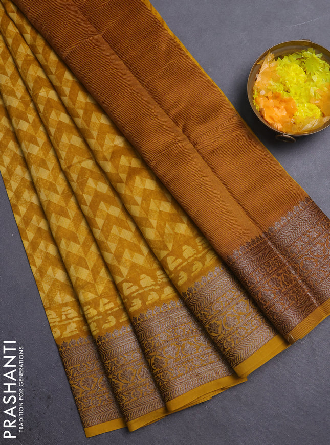 Chanderi silk cotton saree mustard yellow with allover geometric prints and banarasi style border