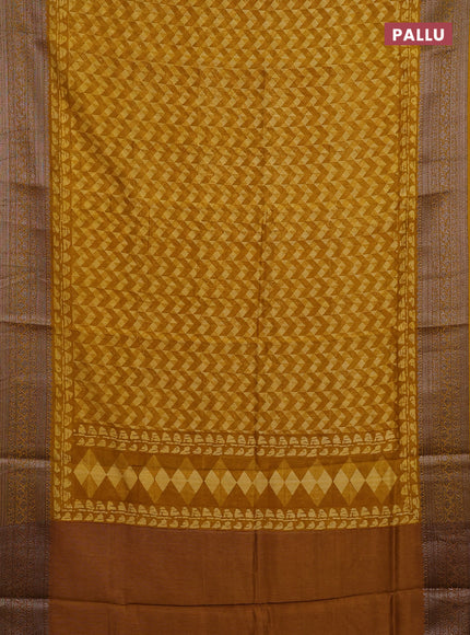 Chanderi silk cotton saree mustard yellow with allover geometric prints and banarasi style border